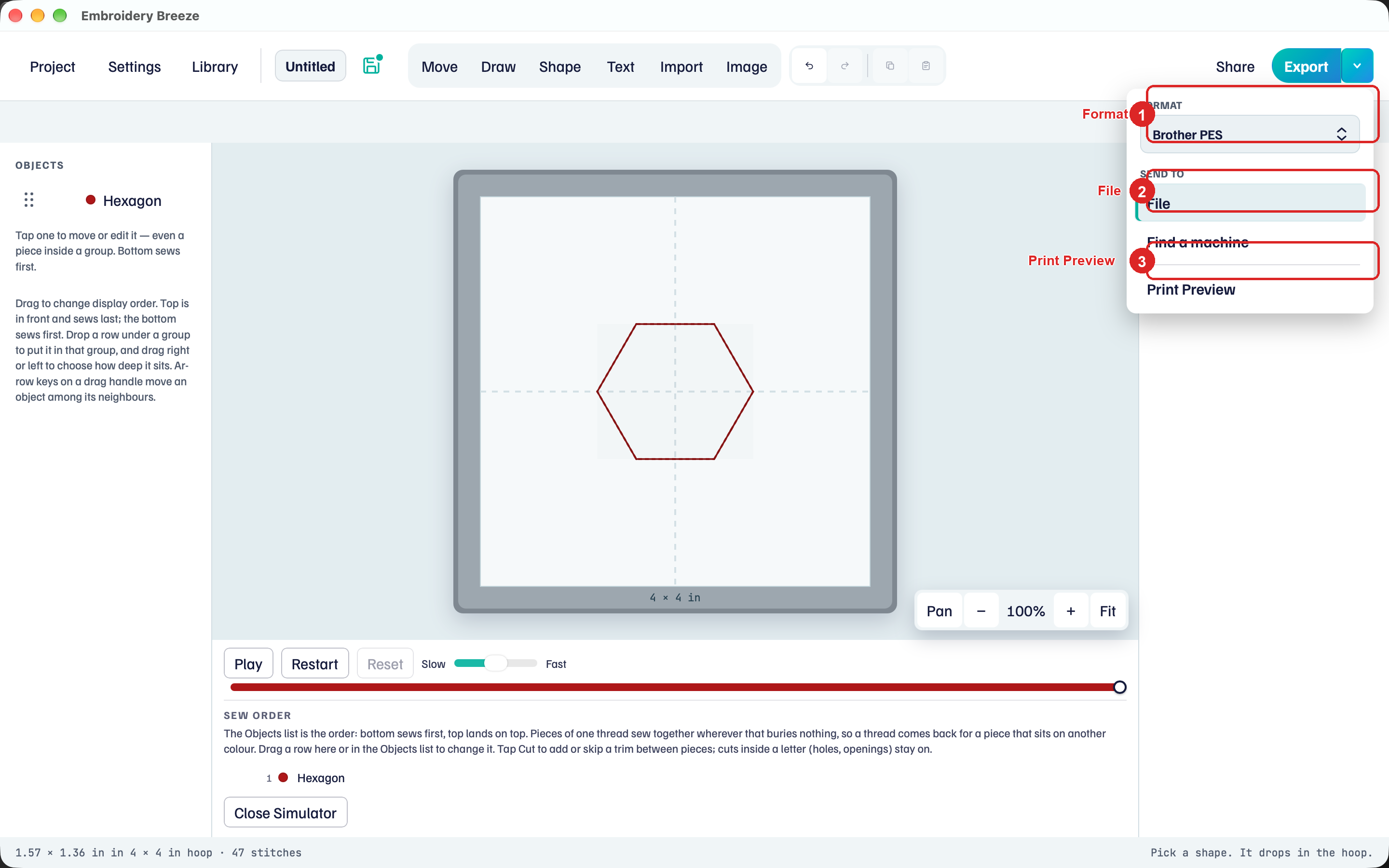 Export menu: Format, File, Print Preview