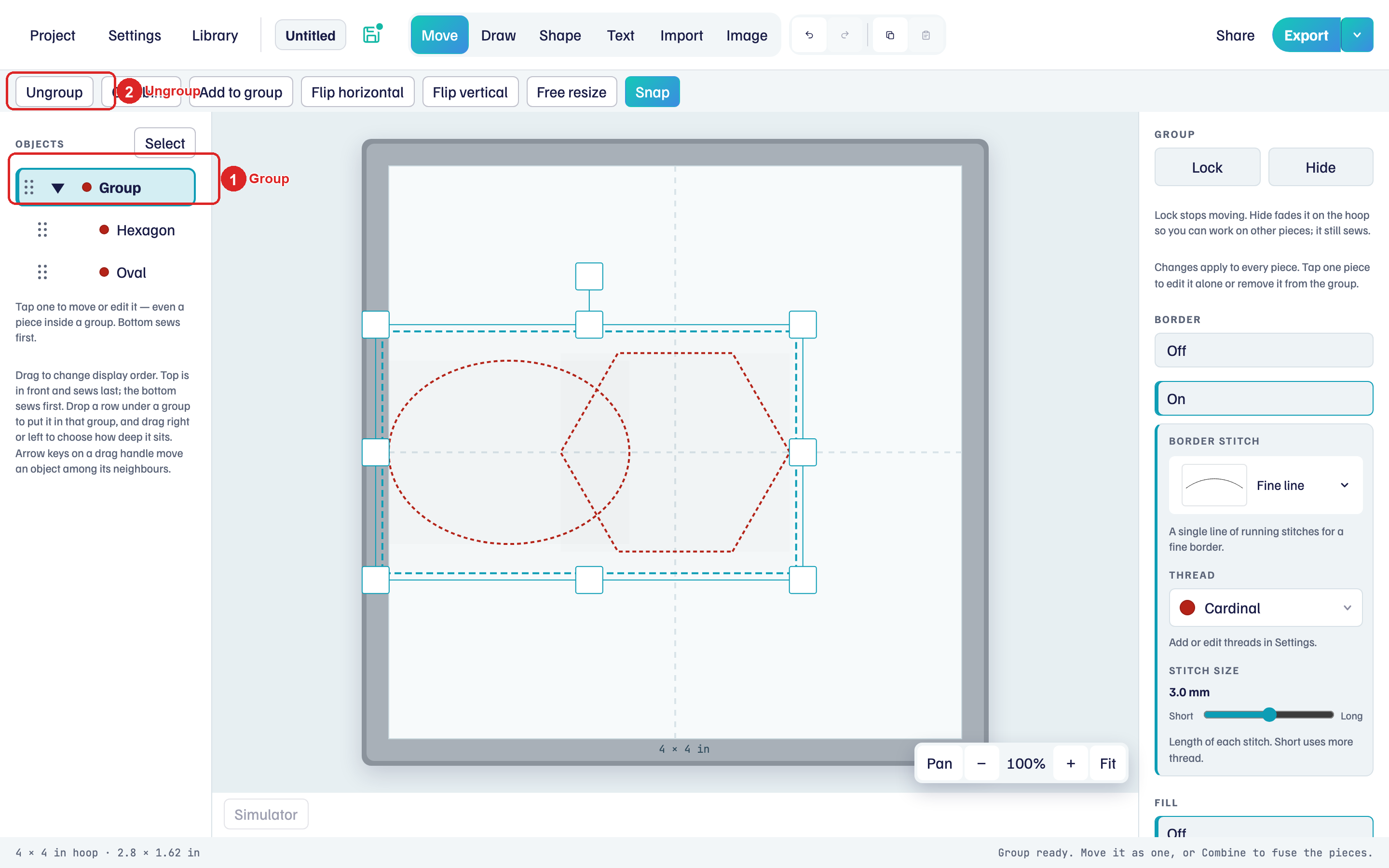 Group row in Objects, Ungroup on the tool row