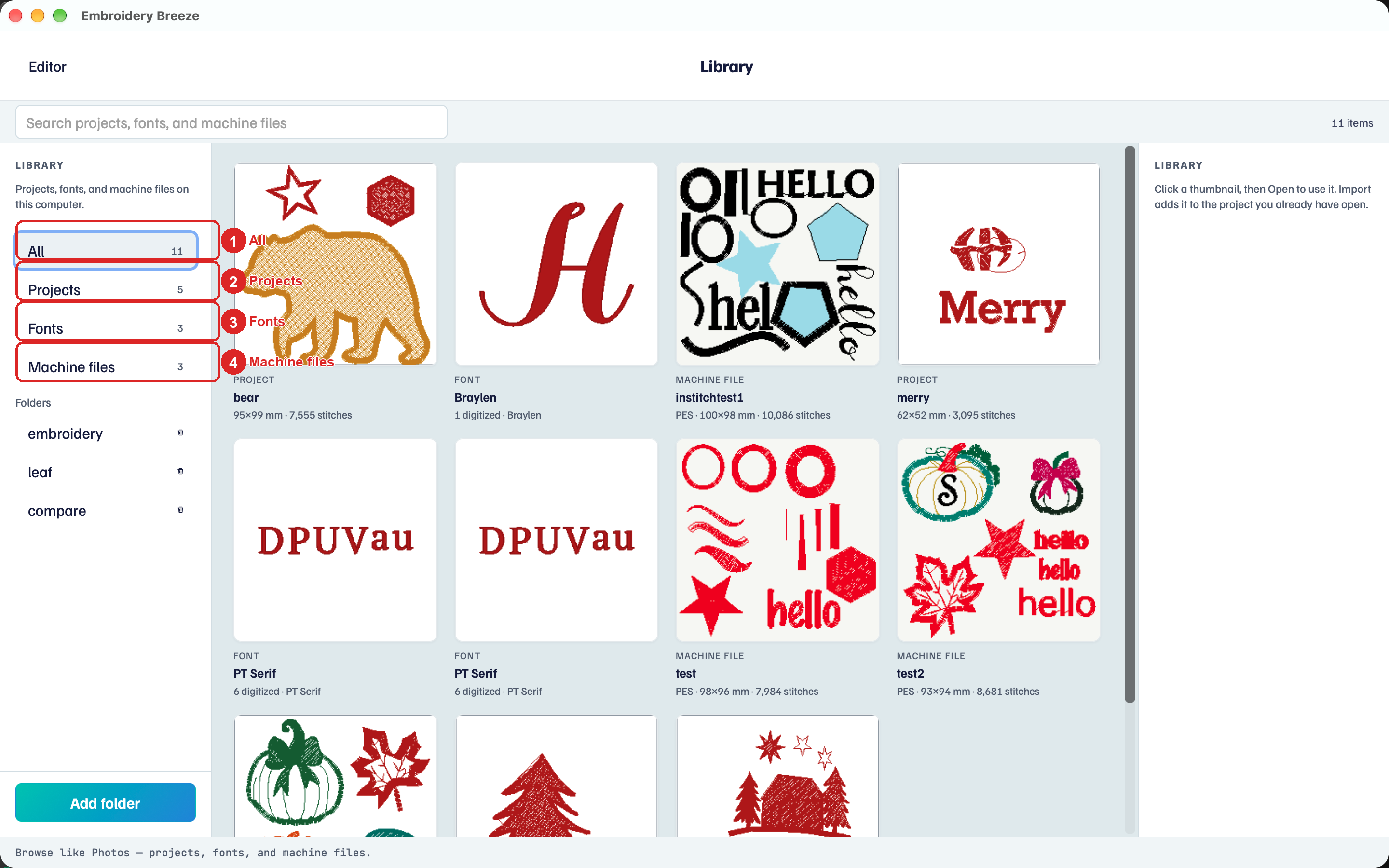 Library with All, Projects, Fonts, and Machine files