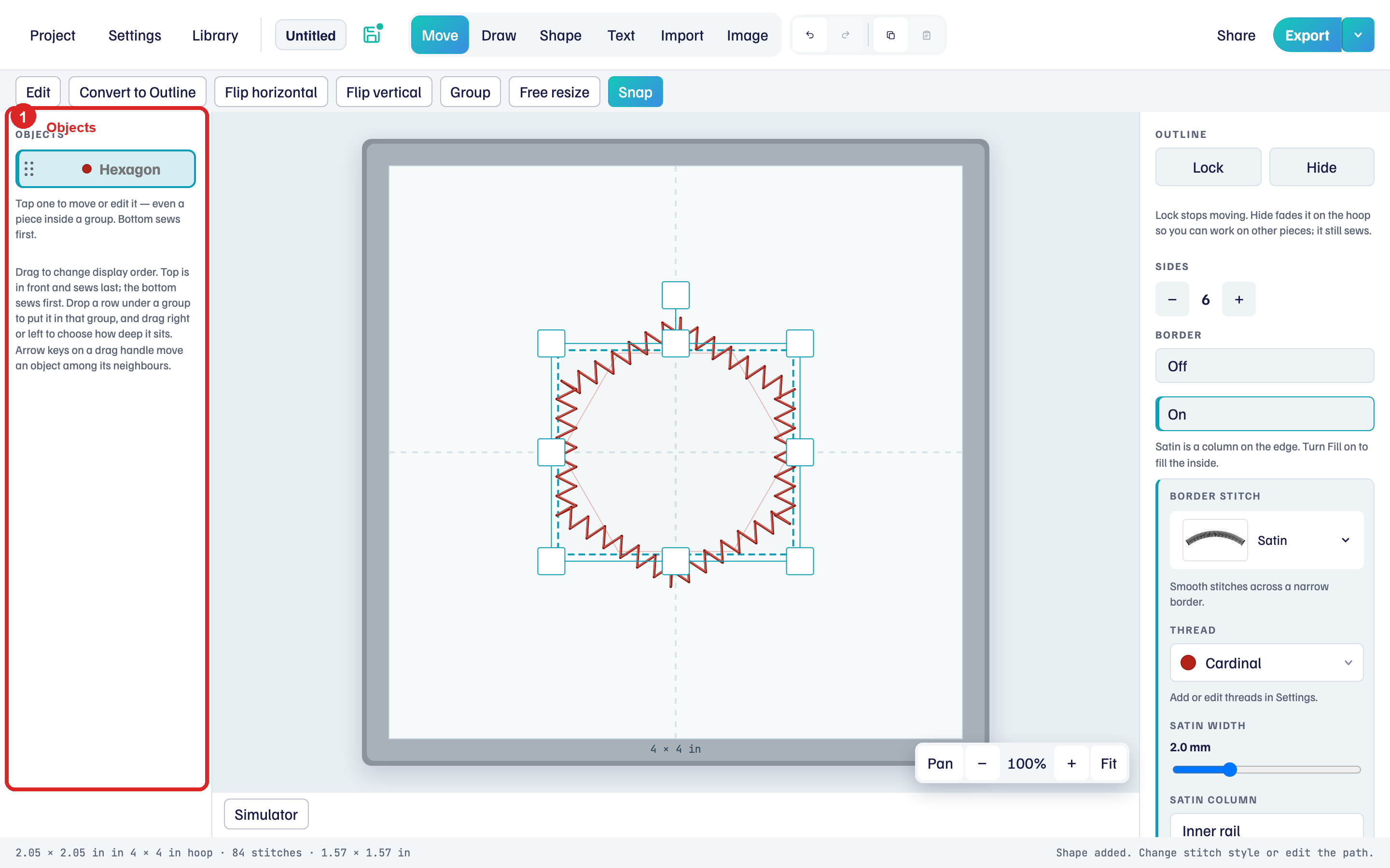Objects list with a Hexagon