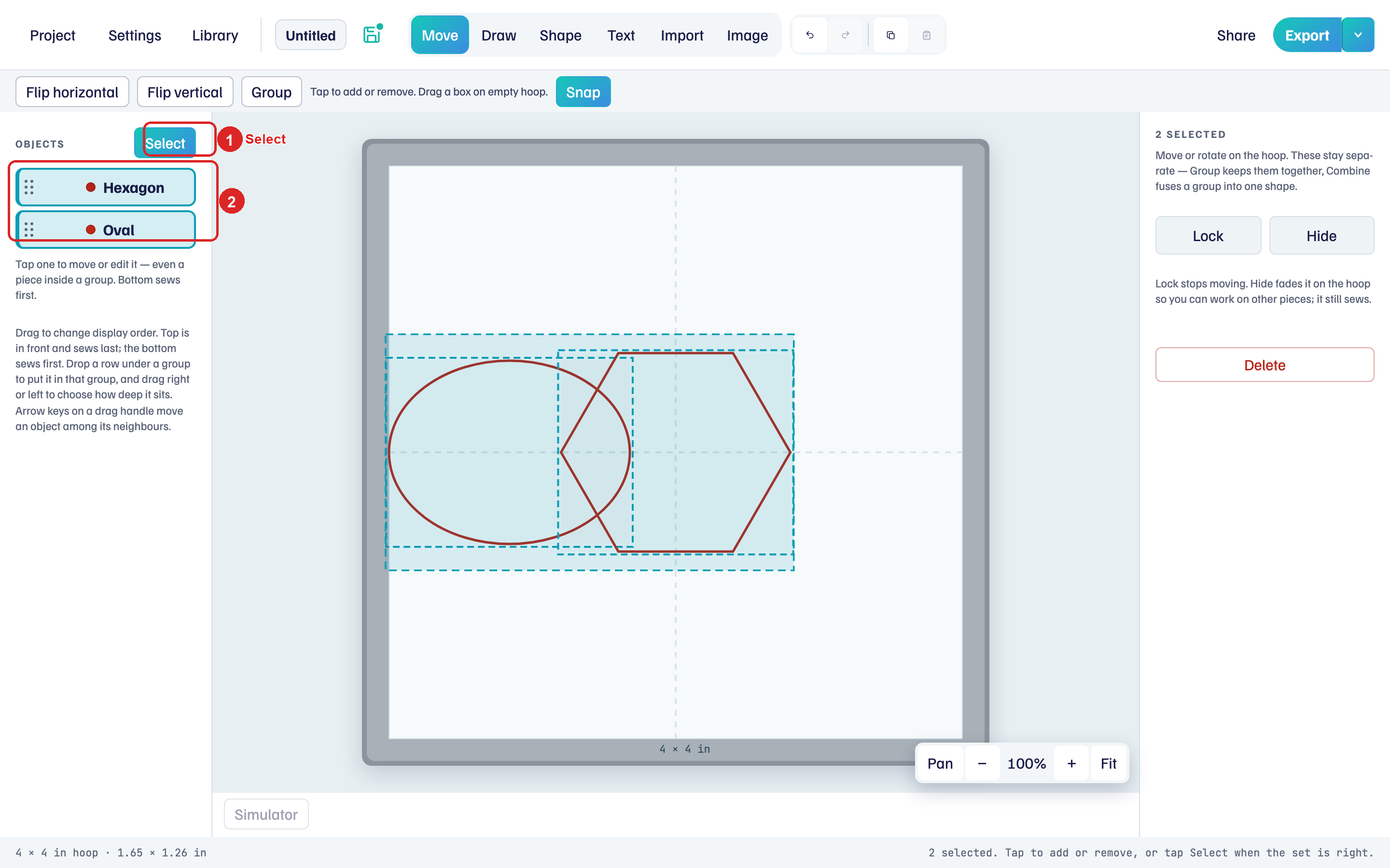 Select on, Hexagon and Oval both selected